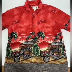Ky's Red Harley Motorcycle & Palm Trees Hawaiian Button Down Large USA Hawaii